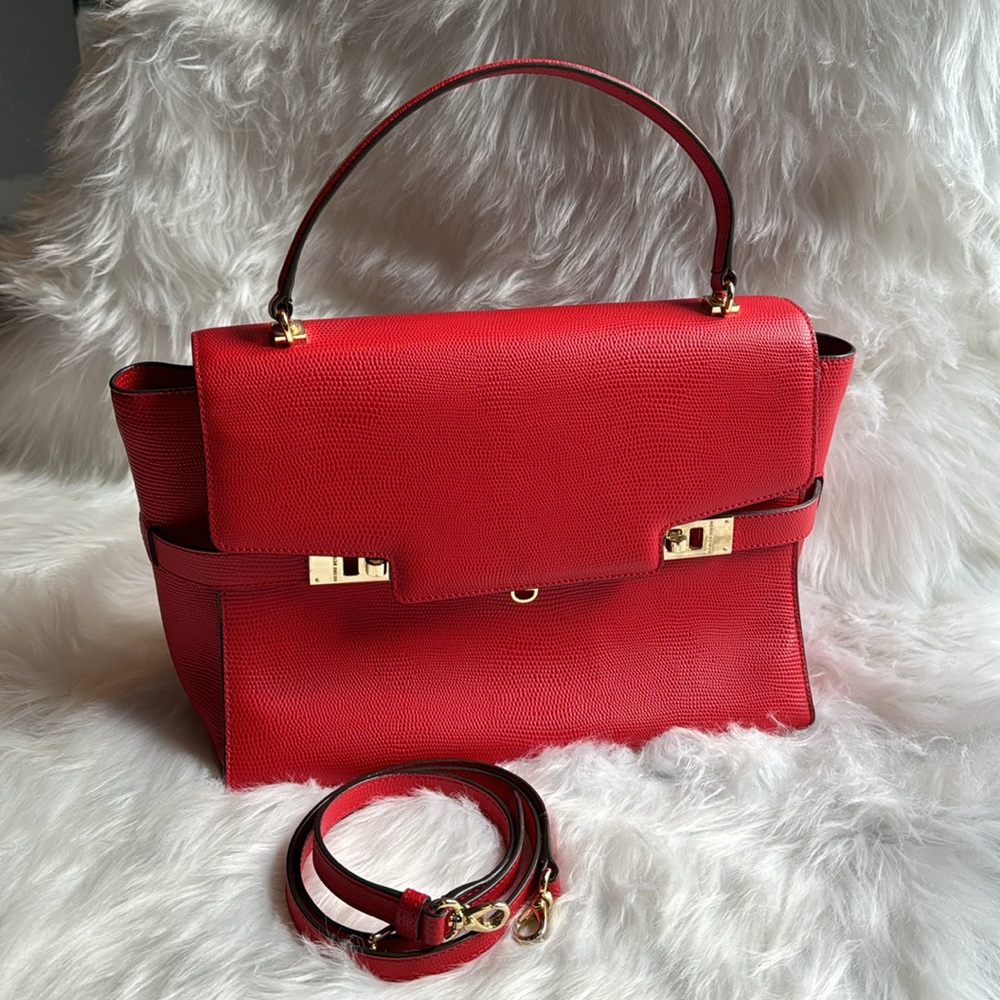 Henri Bendel RARE Pebble Leather Satchel Bag Shoulder Red Uptown Tote Purse